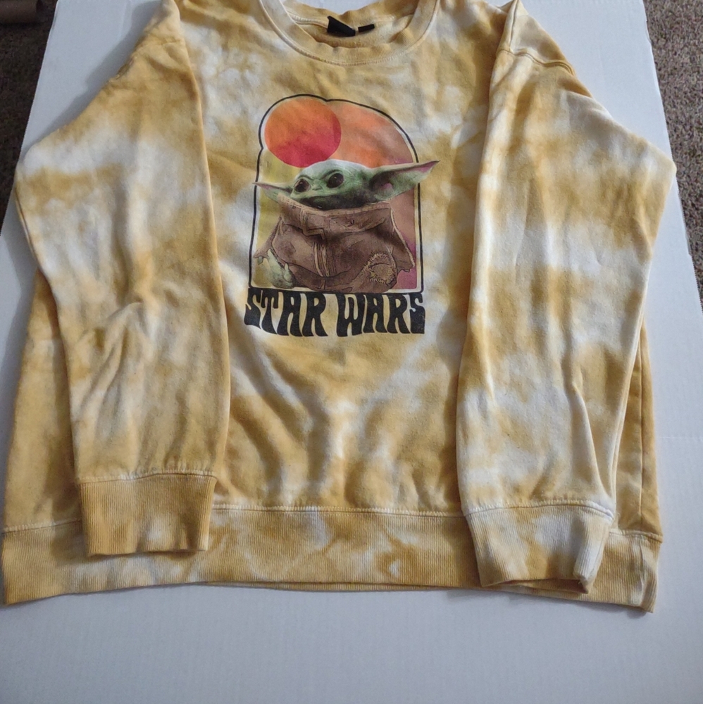 Size XXL yellow tye-dye Star Wars Baby Yoda sweater. Gently Used.